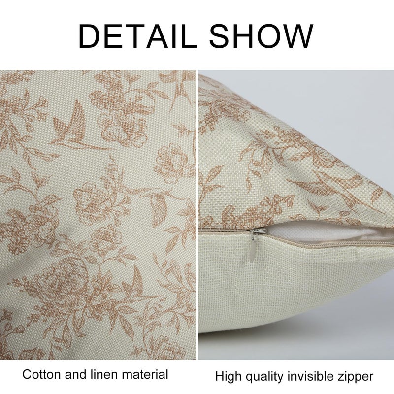 RinRinfam Brown Floral Pillow Cover 18x 18 Set of 2, Vintage Block Print Blooming Flower and Bird Decorative Linen Pillow Cushion Case,Modern Home Decor for Outdoor Couch Bedroom Car - Image 3