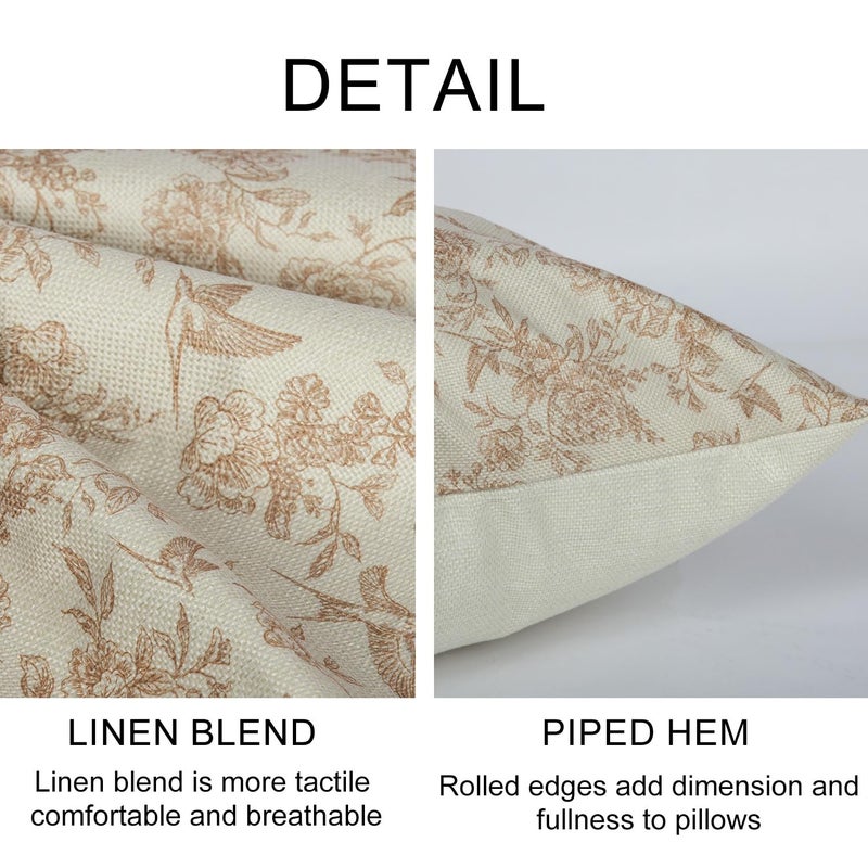 RinRinfam Brown Floral Pillow Cover 18x 18 Set of 2, Vintage Block Print Blooming Flower and Bird Decorative Linen Pillow Cushion Case,Modern Home Decor for Outdoor Couch Bedroom Car - Image 2