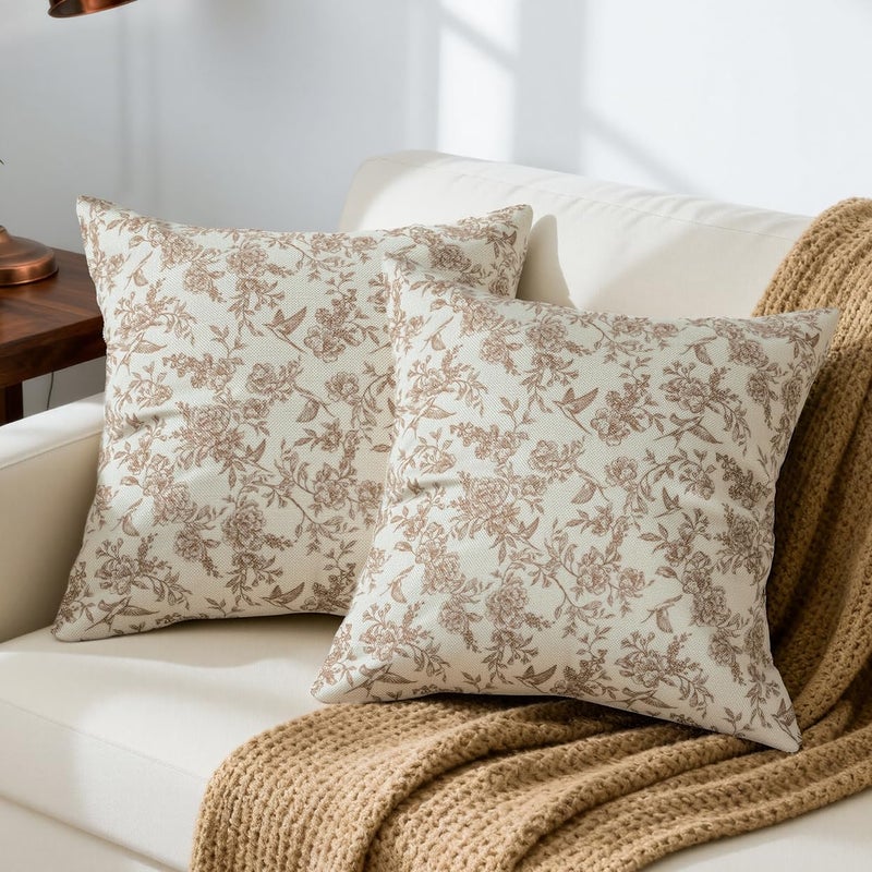 RinRinfam Brown Floral Pillow Cover 18x 18 Set of 2, Vintage Block Print Blooming Flower and Bird Decorative Linen Pillow Cushion Case,Modern Home Decor for Outdoor Couch Bedroom Car - Image 1