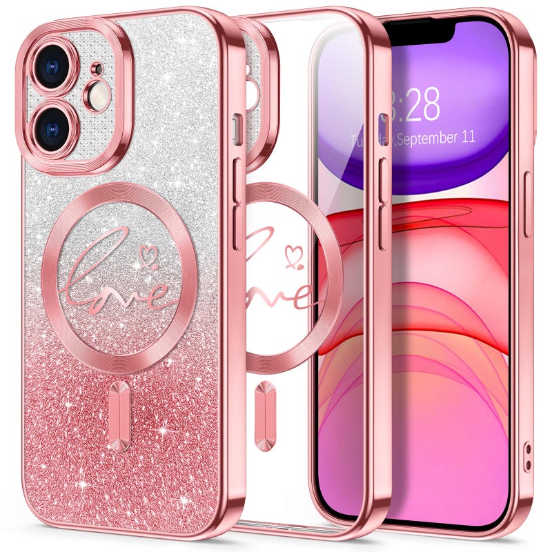 Hython for iPhone 11 Case Glitter, Compatible with MagSafe Love Heart Magnetic Clear Phone Cases for Women Girls, Full Camera Protection Sparkle Plating Shockproof Protective Cover, Pink - Image 1