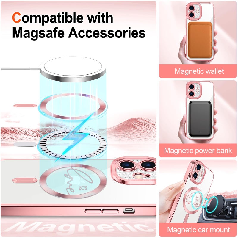 Hython for iPhone 11 Case Glitter, Compatible with MagSafe Love Heart Magnetic Clear Phone Cases for Women Girls, Full Camera Protection Sparkle Plating Shockproof Protective Cover, Pink - Image 3