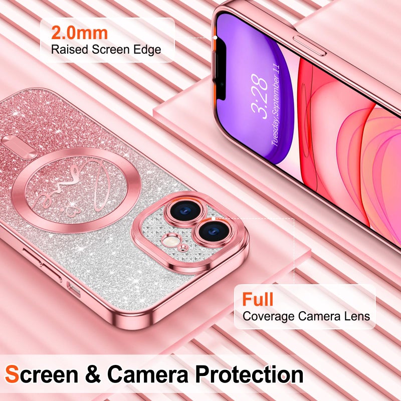 Hython for iPhone 11 Case Glitter, Compatible with MagSafe Love Heart Magnetic Clear Phone Cases for Women Girls, Full Camera Protection Sparkle Plating Shockproof Protective Cover, Pink - Image 4