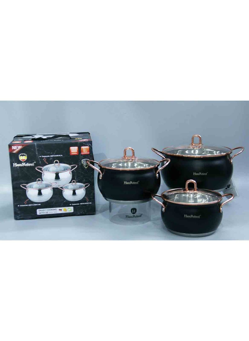HausRoland مجموعة أواني طبخ من الفولاذ المقاوم للصدأ 201 6 قطع - تركيا، مجموعة أدوات الطبخ مع غطاء، مجموعات من الأواني والمقالي، جيدة لجميع أنواع الطباخ، أسود (18/20/24 سم) - Image 2