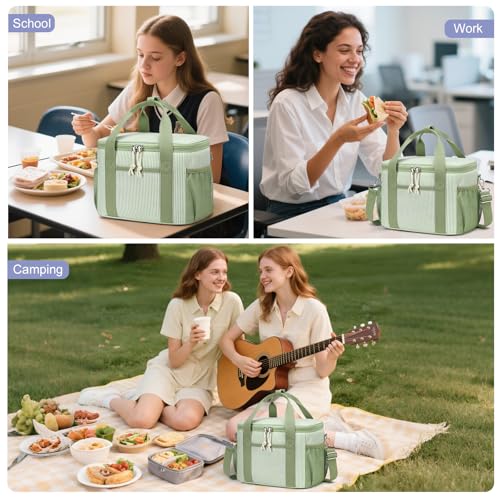 BTOOP Insulated Lunch Bag for Women, Cute Leakproof Lunch Box, Aesthetic Lunch Tote Bag with Large Capacity Shoulder Strap for Work, School, Picnic Green White Stripes - Image 2