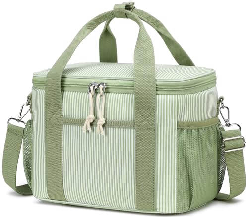 BTOOP Insulated Lunch Bag for Women, Cute Leakproof Lunch Box, Aesthetic Lunch Tote Bag with Large Capacity Shoulder Strap for Work, School, Picnic Green White Stripes - Image 1
