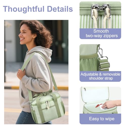 BTOOP Insulated Lunch Bag for Women, Cute Leakproof Lunch Box, Aesthetic Lunch Tote Bag with Large Capacity Shoulder Strap for Work, School, Picnic Green White Stripes - Image 5