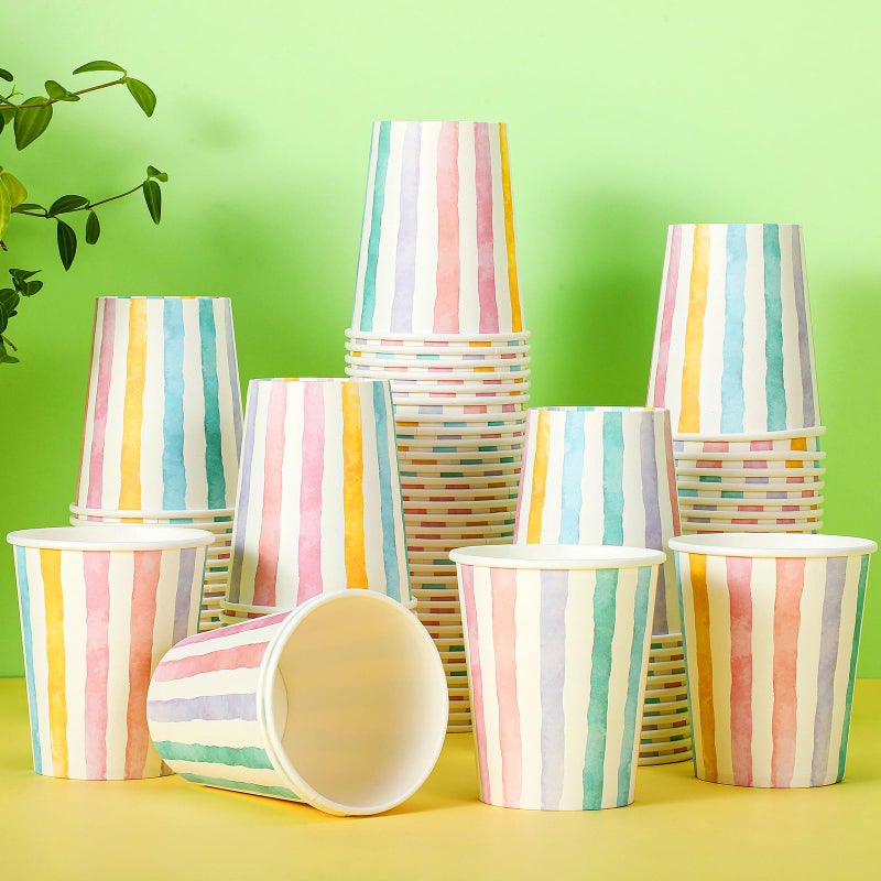 Funtery 100 Pcs 9 oz Paper Cups Multicolor Disposable Paper Cups Designed Hot Cocoa Tumbler Family Party Supplies for Hot Cold Drinks Coffee Holidays Celebration (Fresh Style) - Image 1