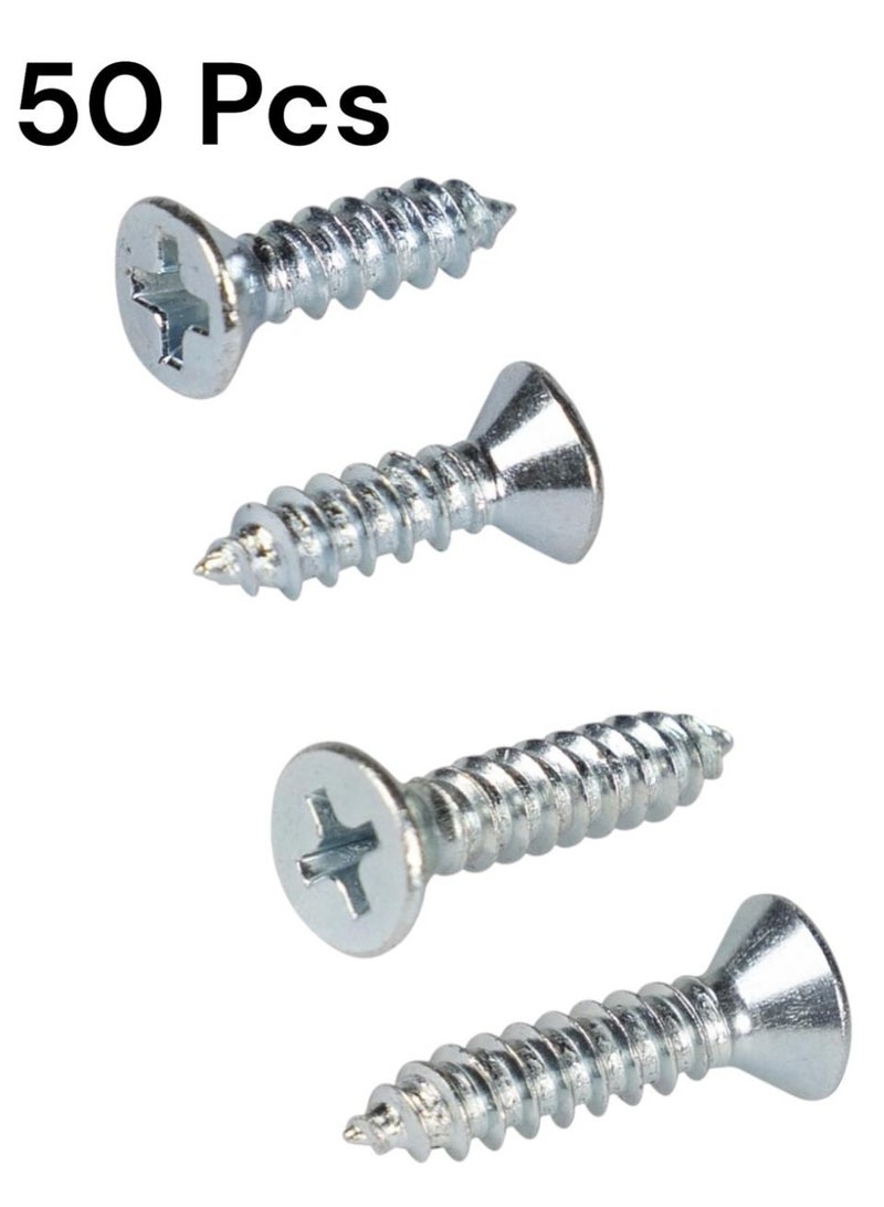 50 countersunk screws with a flat head, ensuring the screw head is flush with the material surface when tightened, providing a cleaner, smoother finish and preventing the head from protruding. These screws require a Phillips (+) screwdriver and do not require pre-drilling. Made of stainless steel and nickel-plated for corrosion and rust resistance, they also have a bright, attractive appearance, making them safe for outdoor or humid environments. These screws are used for assembling various types of furniture made from wood, acrylic, plastic, or sheet metal. They are durable and strong. Screw diameter: #4. Head diameter: 6mm. Length: 13mm. - Image 1