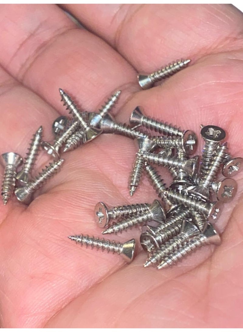 50 countersunk screws with a flat head, ensuring the screw head is flush with the material surface when tightened, providing a cleaner, smoother finish and preventing the head from protruding. These screws require a Phillips (+) screwdriver and do not require pre-drilling. Made of stainless steel and nickel-plated for corrosion and rust resistance, they also have a bright, attractive appearance, making them safe for outdoor or humid environments. These screws are used for assembling various types of furniture made from wood, acrylic, plastic, or sheet metal. They are durable and strong. Screw diameter: #4. Head diameter: 6mm. Length: 13mm. - Image 2