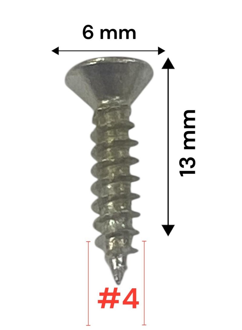 50 countersunk screws with a flat head, ensuring the screw head is flush with the material surface when tightened, providing a cleaner, smoother finish and preventing the head from protruding. These screws require a Phillips (+) screwdriver and do not require pre-drilling. Made of stainless steel and nickel-plated for corrosion and rust resistance, they also have a bright, attractive appearance, making them safe for outdoor or humid environments. These screws are used for assembling various types of furniture made from wood, acrylic, plastic, or sheet metal. They are durable and strong. Screw diameter: #4. Head diameter: 6mm. Length: 13mm. - Image 3