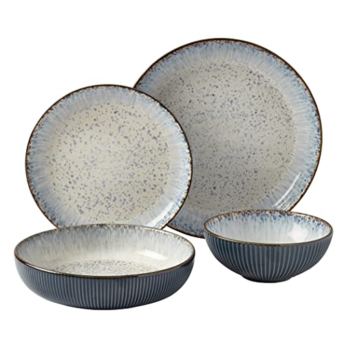 Tabletops Gallery Speckled Farmhouse Collection Stoneware Dishes Service for 4 Dinner Salad Appetizer Dessert Plate Bowls 16 Piece Jura Embossed Dinnerware Set in Smoky Blue
