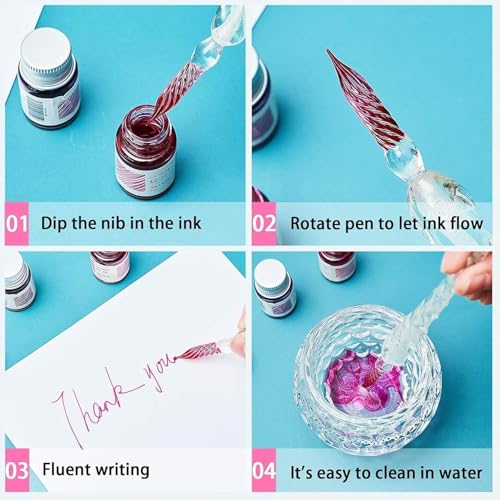 AmigozZ Crystal Glass Dip Fountain Pen with 12 Ink Set. Handmade Crystal Calligraphy Pen with 12 Colorful India Ink for Art, Signatures, Drawing, Decoration, Calligraphy Kits for Beginners. - Image 4