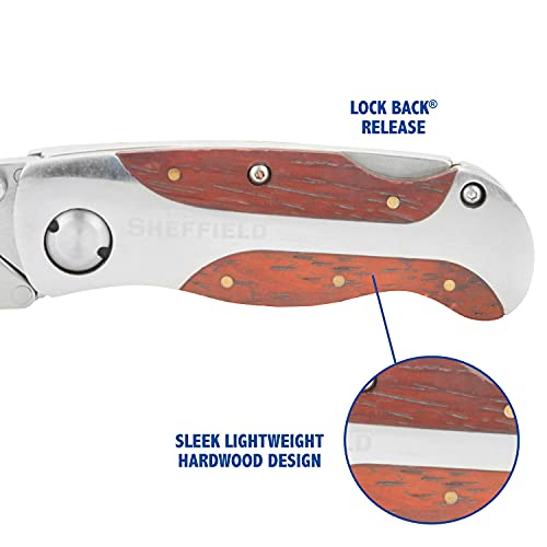 Sheffield 12818 Folding Utility Knife with Leather Sheath, Stocking Stuffers, Gifts for Men, Dad Gifts, Quick-Change Utility Knife Blades, Lightweight Hardwood Handle, Box Cutter, Cardboard Cutter - Image 5