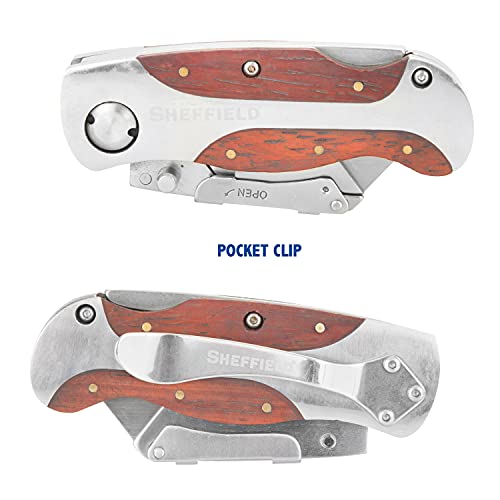 Sheffield 12818 Folding Utility Knife with Leather Sheath, Stocking Stuffers, Gifts for Men, Dad Gifts, Quick-Change Utility Knife Blades, Lightweight Hardwood Handle, Box Cutter, Cardboard Cutter - Image 3