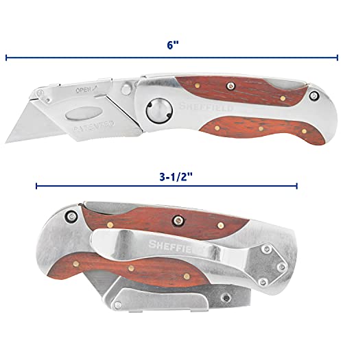 Sheffield 12818 Folding Utility Knife with Leather Sheath, Stocking Stuffers, Gifts for Men, Dad Gifts, Quick-Change Utility Knife Blades, Lightweight Hardwood Handle, Box Cutter, Cardboard Cutter - Image 2