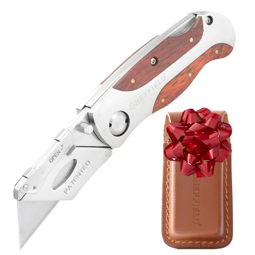 Sheffield 12818 Folding Utility Knife with Leather Sheath, Stocking Stuffers, Gifts for Men, Dad Gifts, Quick-Change Utility Knife Blades, Lightweight Hardwood Handle, Box Cutter, Cardboard Cutter - Image 1