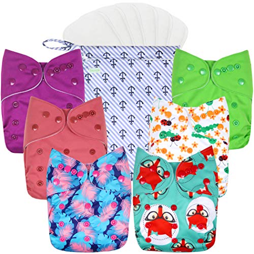 wegreeco Cloth Diapers 6 Pack with 6 Inserts Washable Cloth Diapers for Babies One Size Adjustable Reusable Girl Prints 1 Wet Bag