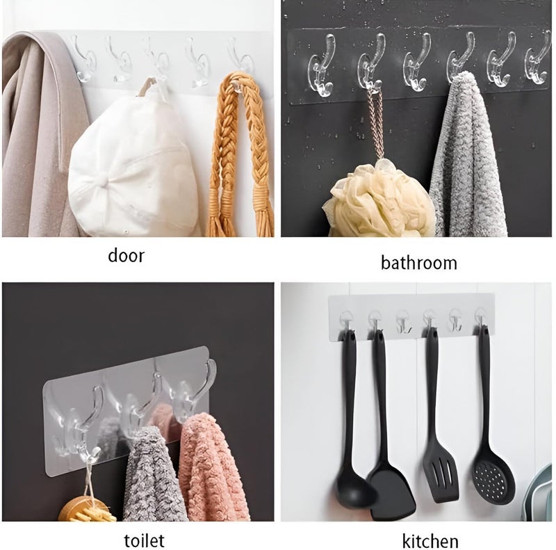 Self Adhesive HeavyDuty Plastic Wall Hooks 6in1 Organizer for Robes Coats Bags Towels Keys and More Strong for Bathroom Kitchen Pack of 2 - Image 3