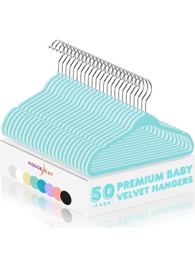HOUSE DAY HOUSE DAY 50 Pack Blue Velvet Baby Hangers,Infant & Toddler Clothes, Durable Non Slip Baby Felt Hangers Blue, 11 Inch Baby Hangers for Closet, Ideal for Everyday Use.  - Image 1