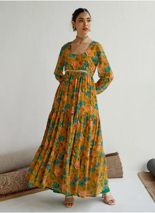 ساسافراس Floral Print Round Neck Tiered Kurta