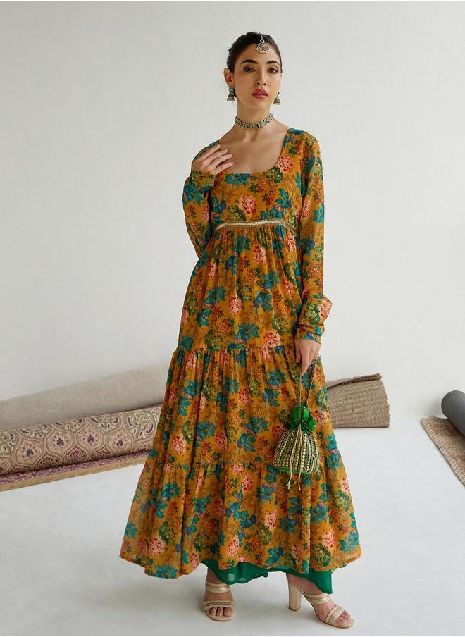 SASSAFRAS - Floral Print Round Neck Tiered Kurta by Styli - Image 1