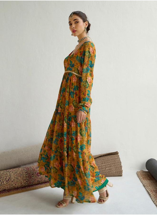SASSAFRAS - Floral Print Round Neck Tiered Kurta by Styli - Image 1