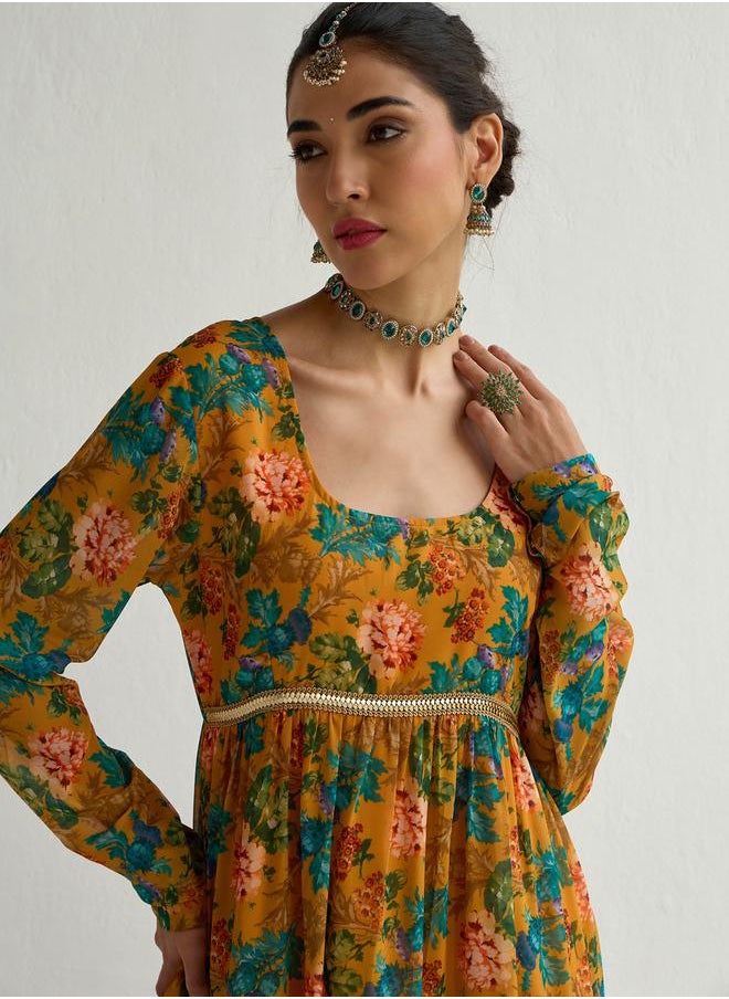 SASSAFRAS - Floral Print Round Neck Tiered Kurta by Styli - Image 1