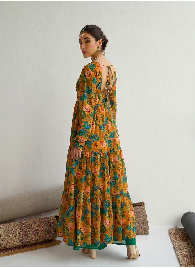 SASSAFRAS - Floral Print Round Neck Tiered Kurta by Styli - Image 1