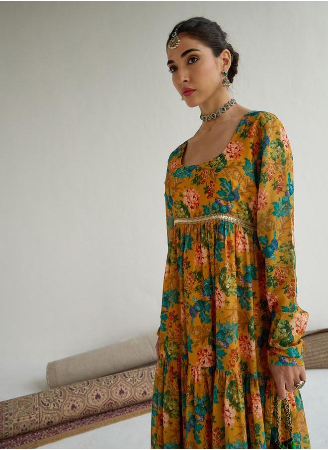 SASSAFRAS - Floral Print Round Neck Tiered Kurta by Styli - Image 1