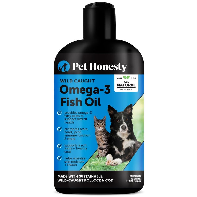 Pet Honesty مكمل زيت السمك أوميغا 3 للكلاب والقطط من بيت هونستي (32 أونصة)، زيت سمك أوميغا 3 من الصيد البري لصحة الجلد والفرو، يدعم تساقط الشعر، الجلد والفرو، المناعة، المفاصل، الدماغ والقلب، EPA + DHA - Image 1