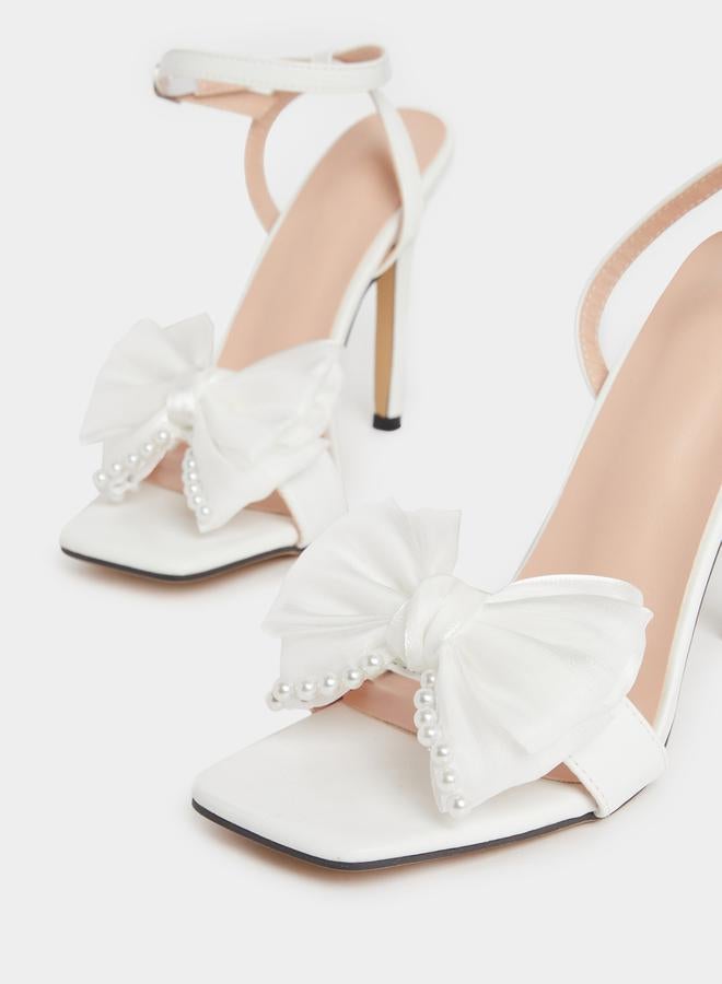 Take Two Embellished Bow Pearl Detail Stiletto Heel Sandals by Styli  - Image 3