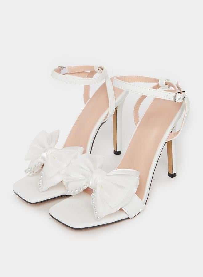 Take Two Embellished Bow Pearl Detail Stiletto Heel Sandals by Styli  - Image 2