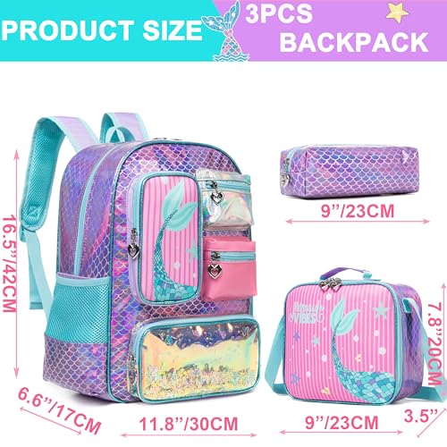 Meetbelify Mermaid Backpack for Girls Backpack with Lunch Box Pencil Case for Elementary Student Kids School Bag for Girls Ages 6-8 Years Old - Image 2