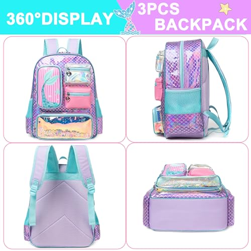 Meetbelify Mermaid Backpack for Girls Backpack with Lunch Box Pencil Case for Elementary Student Kids School Bag for Girls Ages 6-8 Years Old - Image 3