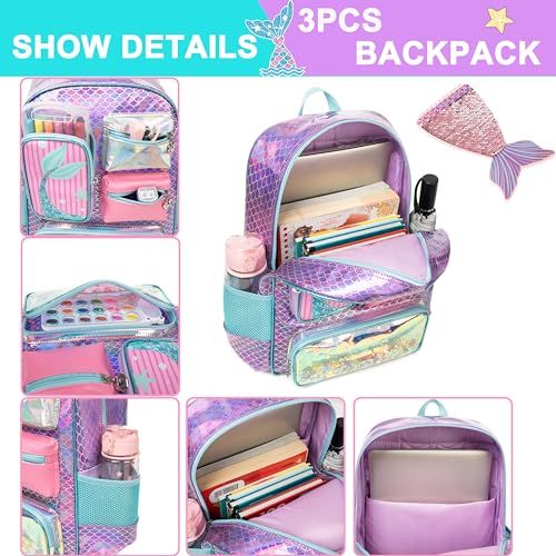 Meetbelify Mermaid Backpack for Girls Backpack with Lunch Box Pencil Case for Elementary Student Kids School Bag for Girls Ages 6-8 Years Old - Image 4