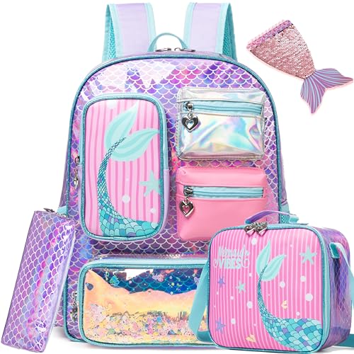 Meetbelify Mermaid Backpack for Girls Backpack with Lunch Box Pencil Case for Elementary Student Kids School Bag for Girls Ages 6-8 Years Old - Image 1