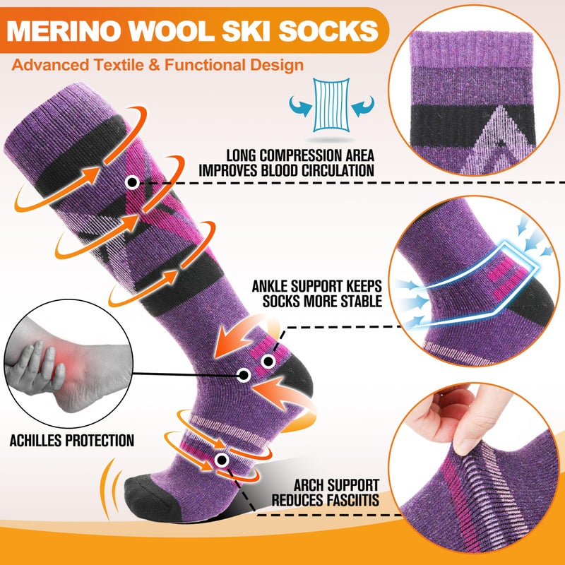 Welwoos Merino Wool Ski Socks for Womens Mens Thermal Winter Warm Thick Knee High Gift Sock Stocking Stuffers for Skiing Outdoor Sports Snowboarding 3 Pairs (Blue/Purple/Grey B,M) - Image 3