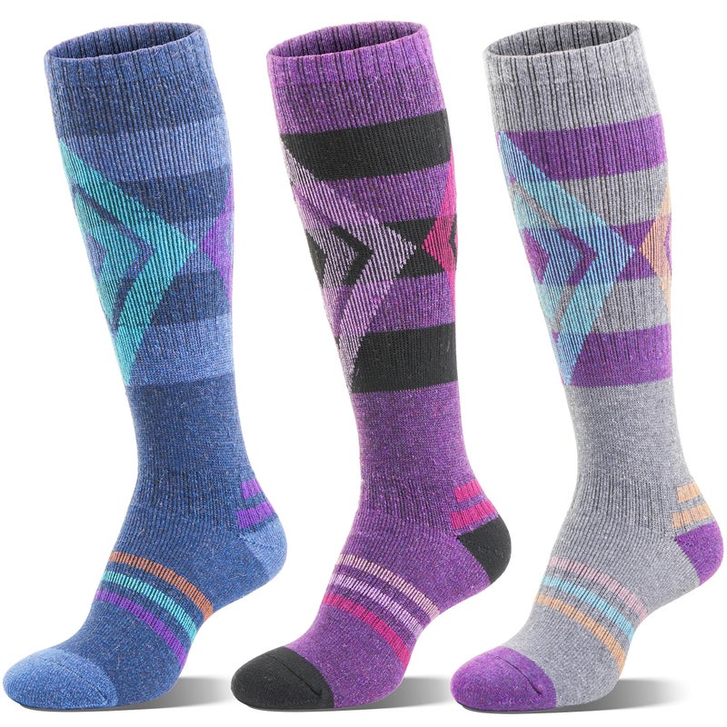 Welwoos Merino Wool Ski Socks for Womens Mens Thermal Winter Warm Thick Knee High Gift Sock Stocking Stuffers for Skiing Outdoor Sports Snowboarding 3 Pairs (Blue/Purple/Grey B,M) - Image 1