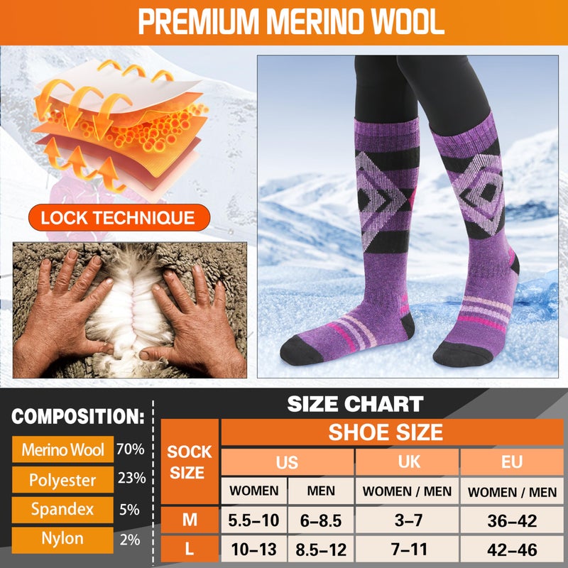 Welwoos Merino Wool Ski Socks for Womens Mens Thermal Winter Warm Thick Knee High Gift Sock Stocking Stuffers for Skiing Outdoor Sports Snowboarding 3 Pairs (Blue/Purple/Grey B,M) - Image 5