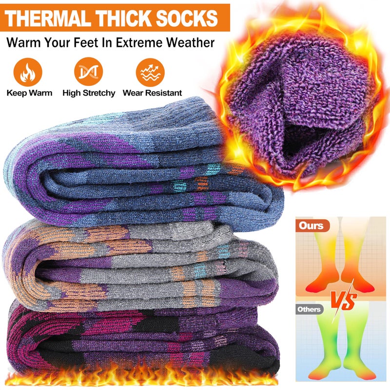 Welwoos Merino Wool Ski Socks for Womens Mens Thermal Winter Warm Thick Knee High Gift Sock Stocking Stuffers for Skiing Outdoor Sports Snowboarding 3 Pairs (Blue/Purple/Grey B,M) - Image 2
