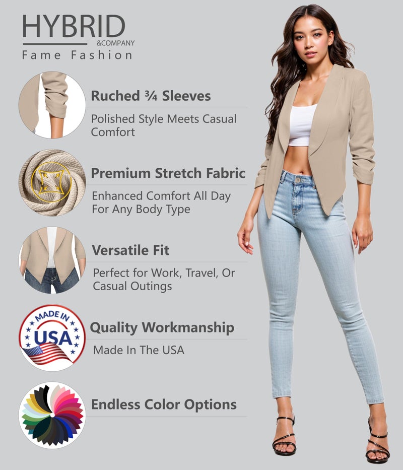 Hybrid & Company Lightweight Open Front Cardigan Classic Ruched Sleeve Work Office Blazer Suit Jackets JK1133X Stone 1X - Image 3