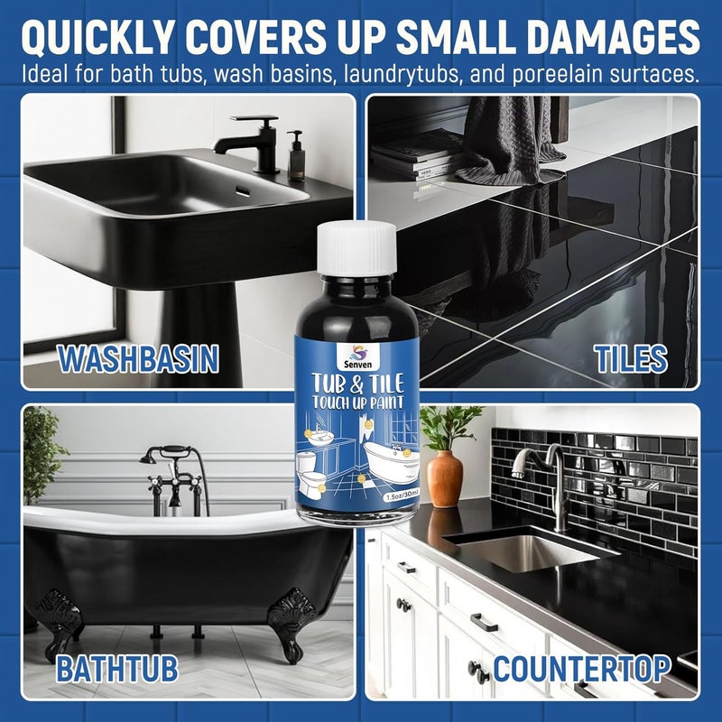 SENVEN Tub Tile Gloss Black Paint Touch Up Paint Kit for Bathtub Porcelain Repair Scratches Cracks Chips on Porcelain Acrylic Enamel Cast Iron Tiles Sinks Toilets Black - Image 3