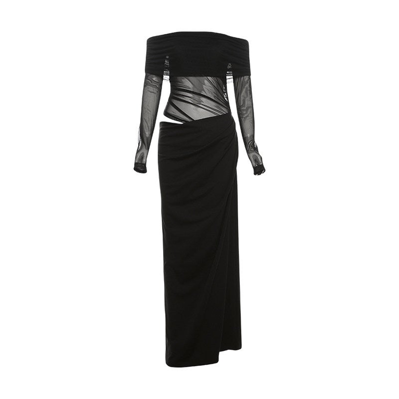 Weird girl, French cool mesh one-shoulder long-sleeved dress, hollowed-out waist-revealing fishtail skirt - Image 1
