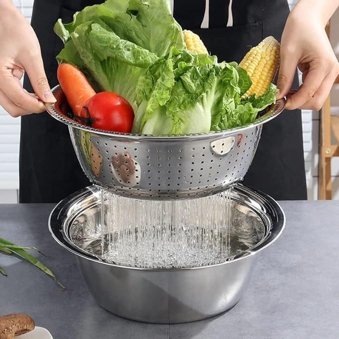 Snevad 304 Stainless Steel Colander with Bowl Set of 2 Metal Rice Strainer Washing Basket with Mixing Bowl for Washing Vegetables, Fruit and Rice and for Draining Cooked Pasta Kitchen Strainer Basin - Image 2