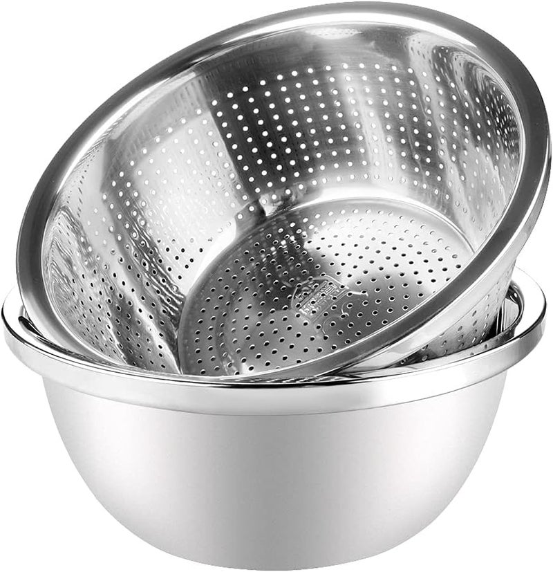 Snevad 304 Stainless Steel Colander with Bowl Set of 2 Metal Rice Strainer Washing Basket with Mixing Bowl for Washing Vegetables, Fruit and Rice and for Draining Cooked Pasta Kitchen Strainer Basin - Image 1