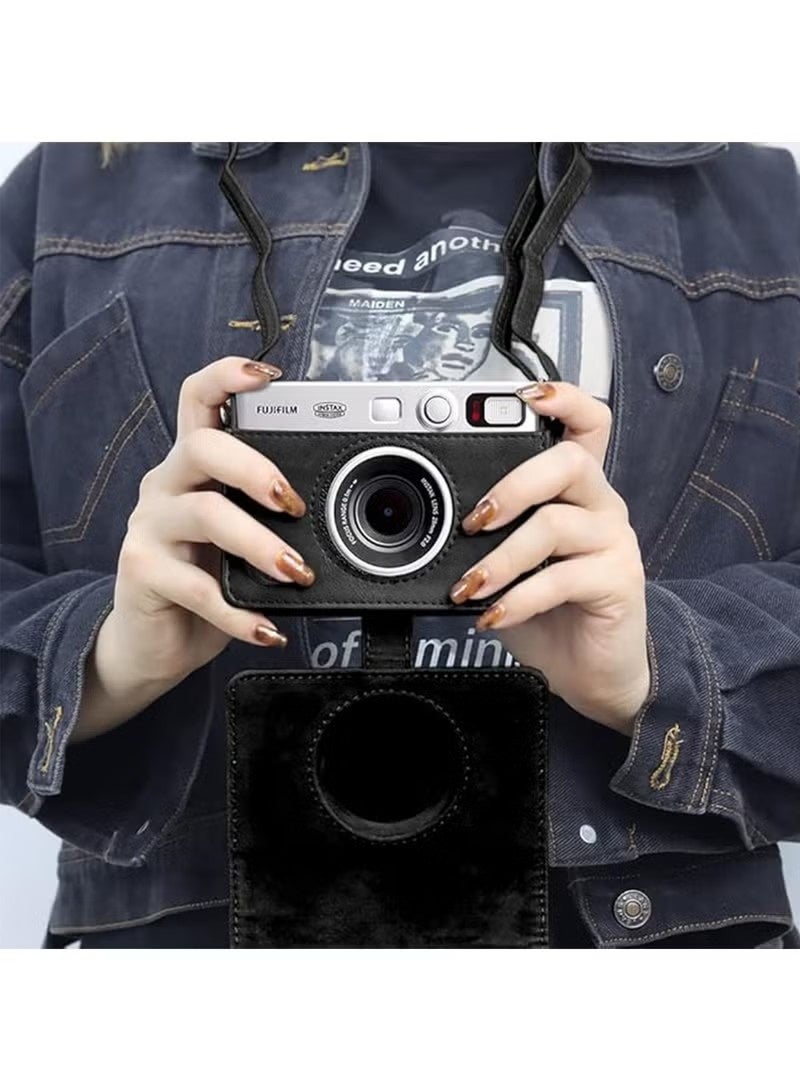 جراب متوافق مع كاميرا Fuji Mini EVO مع حزام كتف قابل للتعديل باللون الأسود بنمط ليتشي أفقي - Image 5