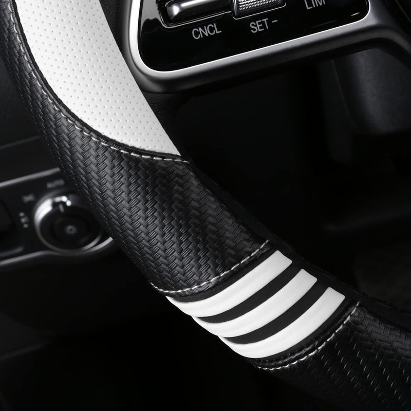 HighnessHwoo Car Steering Wheel Covers for Women Padded Carbon Fiber PU Leather Cute Auto Interior Accessories for Vehicle, Sedan, Universal, Anti Slip, White, Standard Size, 14.75-15.15in - Image 4