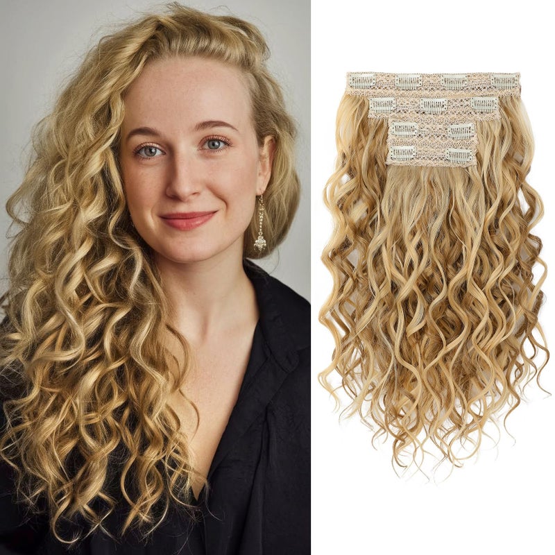 REECHO Curly Hair Extensions, 4PCS 16 inch Clip in Hair Extensions Lace Weft Short Curly Extension Clip Ins Invisible Natural Hairpieces for Women, Dark Blonde with Highlights - Image 1