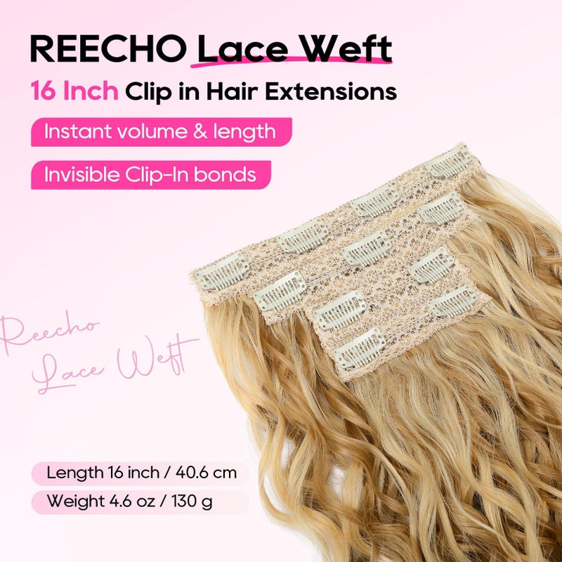 REECHO Curly Hair Extensions, 4PCS 16 inch Clip in Hair Extensions Lace Weft Short Curly Extension Clip Ins Invisible Natural Hairpieces for Women, Dark Blonde with Highlights - Image 2