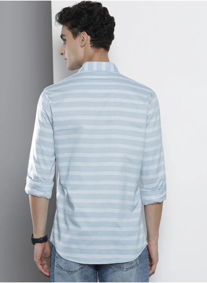 شركة المرآب الهندية Men Slim Fit Striped Full Sleeves Cutaway Collar Casual Shirt